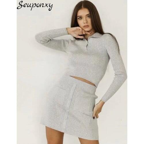 High Quality 2021 Summer WomenS Button Knit 2 Two-Piece Set Sexy Lapel Long-Sleeved Short Top + High Waist Skirt Casual Set