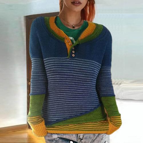 ZANZEA Autumn V Neck Long Sleeve Knitted Tops Casual Women Striped Sweaters Jumper Pull Femme Patchwork Pullover Knitwear Shirts