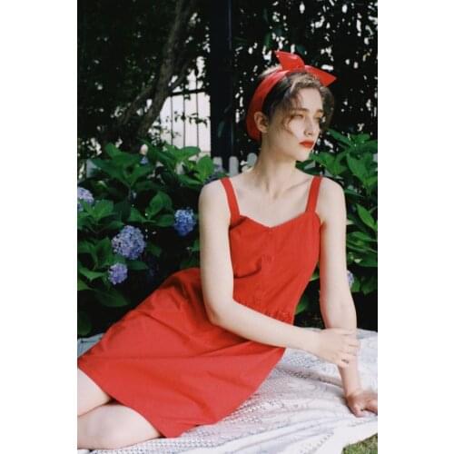 Movie Charlotte and Lulu Theme Vintage Womens Red Suspender Dress Summer Cotton Dress Cute Girl Cosplay