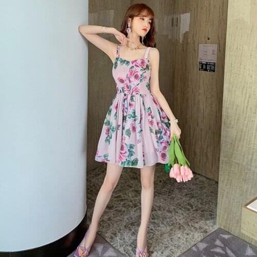 Fashion Summer French Romantic Vintage Sexy Strap Mini Party Dress Ladies Elegant Coffee Break Floral Print Beach Short Dress