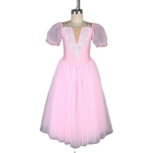 Pink Puff Sleeve Romantic Ballet Dance Tutu for Girls and Women Performance Stage Costume Long Tutus 19024