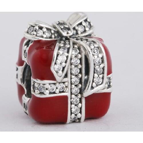 Winter New Red Enamel Cubic Zirconia Christmas Gift Charms Beads 925 Sterling Silver Jewelry Fits Pandora Bracelets Diy