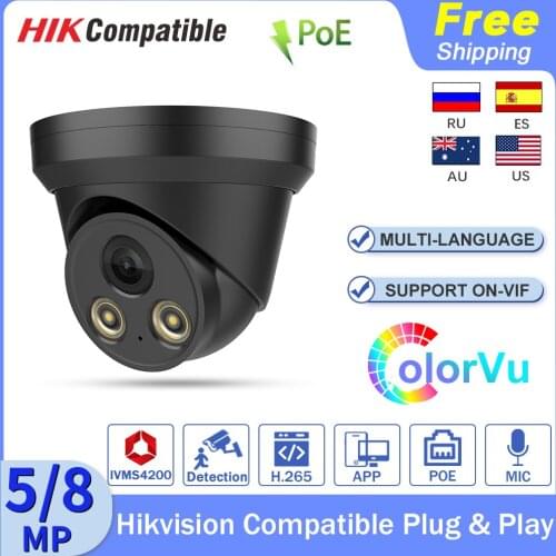 Hikvision Compatible ColorVu IP Camera 4K Black 5MP Night Version Dome POE Home Security CCTV Webcam Build-in MIC H.265 IP66
