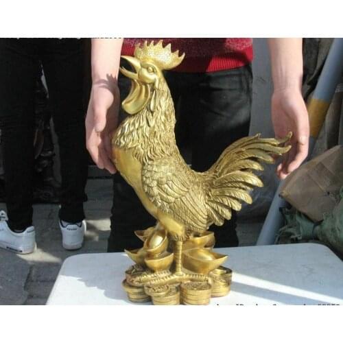 China Brass Copper Yuanbao Money Lucky Year Zodiac Mascot Chicken Rooster Statue