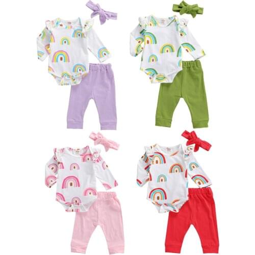FOCUSNORM 0-24M Baby Girls Boys Clothes Sets Rainbow Print Long Sleeve Romper Tops Pants 2pcs Outfits