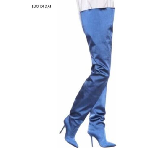 2020 fashion women extra long boots silk cloth booties thigh high slip on boots ladies point toe party shoes high heels botas