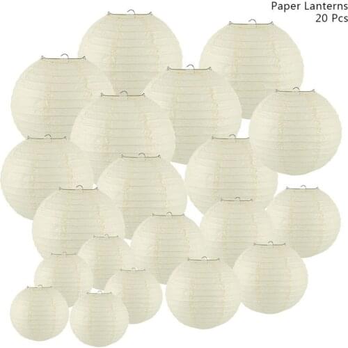 Chinese Paper Lantern Set 20pcs Hanging Round Paper Lantern White Festival Wedding Hanging Decoration Craft Foldable 6-12inch