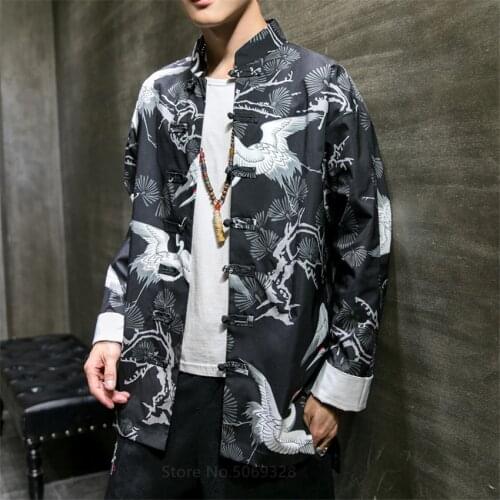 New Tradition Chinese Style Costumes for Adult Men Fashion Loose White Crane Print Streetwear Exercise Kung Fu Tops Cardigan