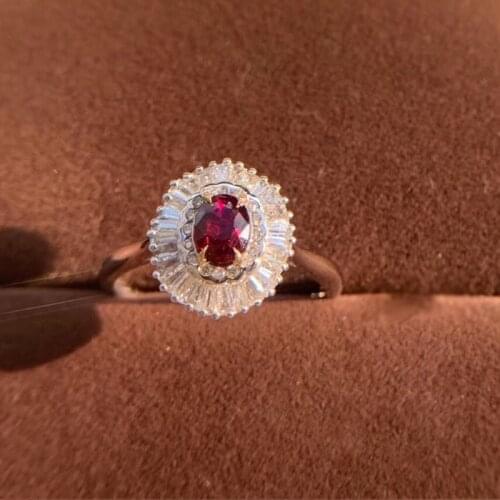 AEAW Engagement Rings 0.4ct Natural Ruby with 0.35ct Real Diamond Jewelry Solid 18K White Gold Ring Classic Lady Jewelry