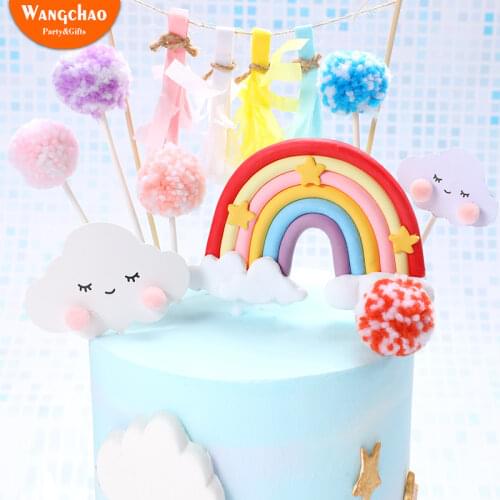 Charming Rainbow Smile Cloud Star Theme Cake Topper Colorful Cotton Balls Kids Favors Party Supplies Cake Decoration