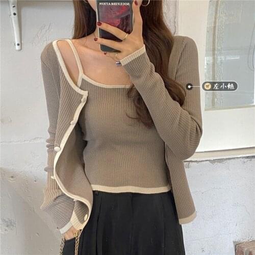 Spring 2021new Gentle Short Outer Wear Knitted Long Sleeve Cardigan Womens All-Match Slimming Vest Sling Fashion
