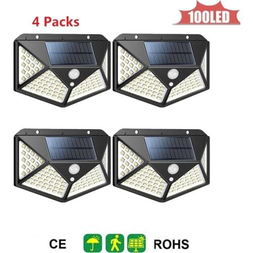 100LED Solar Light Waterproof Auto PIR Motion Sensor Solar Wall Light Adjustable Solar Lamp For Garden Lighting 4 sided 270°ligh