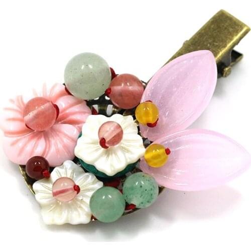 Ethnic Pink Flower Colorful Bead Hair Clip Chinese Style Barrettes Ethnic Exquisite Original Headpiece Female Jewelry Mom Gift
