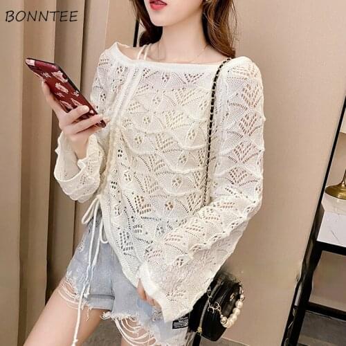 T-shirts Women Long Sleeve Knitting O-neck Loose Comfortable Hollow Out Elegant Maiden Sun-proof Soft Solid Color All-match Chic