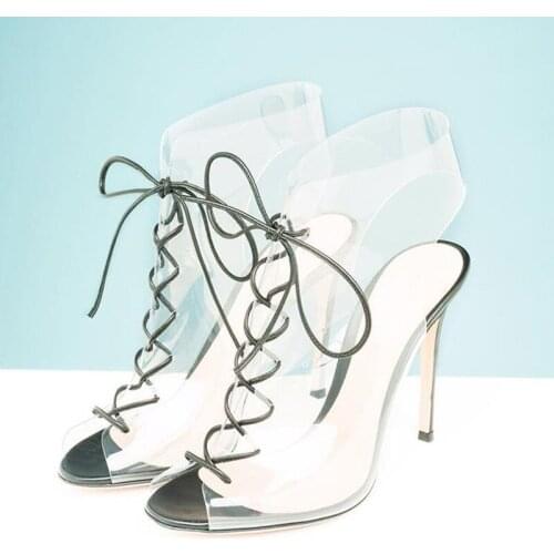 Ladies Clear Booties Shoes PVC Slingbacks Peep Toe Stilettos Ankle Boots Woman High Thin Heels Lace Up Large Size 30 33 Fashion