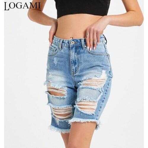 LOGAMI Knee Length Jeans for Women Sexy Ripped Denim Pants Woman Holes Straight Jean High Waist