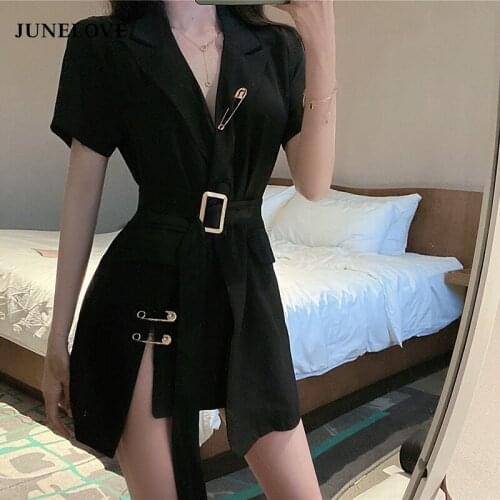 JuneLove High Waist Belt Sashes Lapel V-neck Pin Elegant Split Blazer Women Summer Korean Sexy Fashion Office Suit Outfit Dark