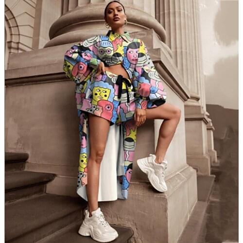 2021 Spring Autumn 2 Pieces Womens Sets Cartoon Print Blouse Long Shirt Women Tops And Shorts Set Two Piece Set Tracksuit