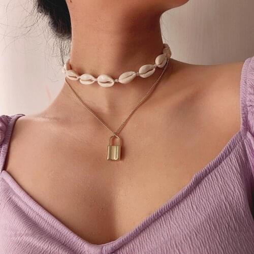 Lover Natural Cowrie Lock Pendant Choker Necklace Multi Layer Steampunk Padlock Heart Chain Necklace Collier Best Couple Jewelry