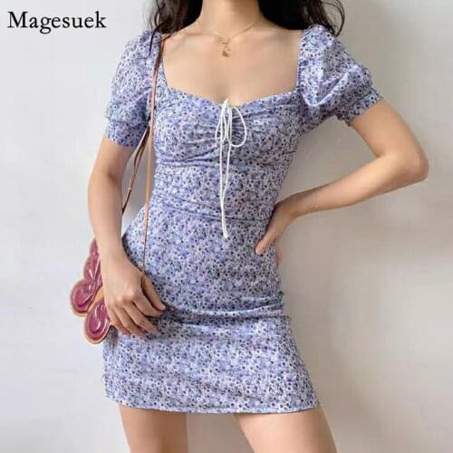 Korean Print Floral Summer Dress Women 2021 Retro Sexy White Short Dress Woman Elegant Puff Short Sleeve Dresses Vestidos 14669