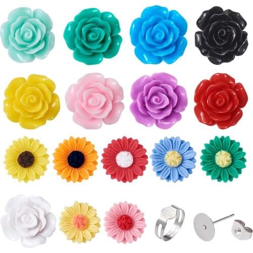 1Set DIY Earring & Ring Making with Cabochons Ear Nuts Iron Pad Ring Base Findings Flower for Jewelry DIY Making Mixed Color