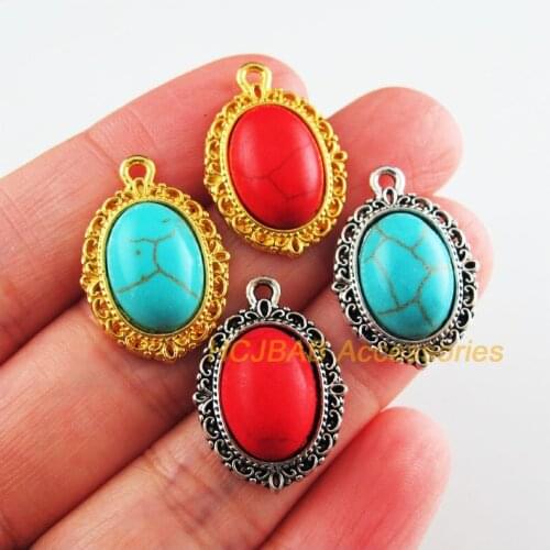 12 New Oval Charms Tibetan Silver Tone & Gold Color Red & Blue Stone Flower Pendants 16x23mm