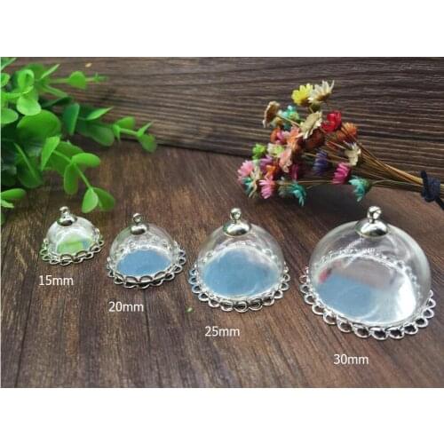 20sets 15/20/25/30mm half round glass globes cover diy silver plated filigree crown double lace edge base tray vial pendants