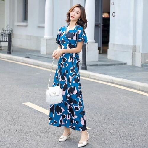 2021 Plus Size Print Summer Dress Evening Long Vintage Dress Party Oversize Short Sleeve Beach Women Dresses Robe Vestido Prom