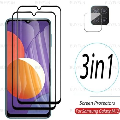 3in1 For Samsung Galaxy M12 full cover front screen protector for samsung A12 M42 F12 F02s Quantum 2 Lens Safety Tempered Glass