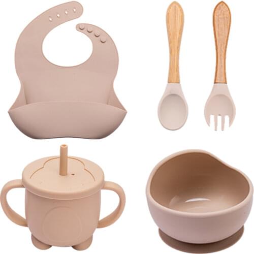 5Pcs/1Set Silicone Baby Feeding Bowl Tableware Waterproof Baby Learning Suction Bowl Set Wood Fork Spoon Non-Slip for Babies Bib