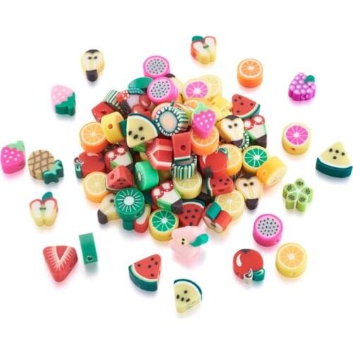 500pcs Handmade Polymer Clay Fruit Theme Beads Cute Lovely Jewelry Making Beadwork Beads, Mixed Color 7~12x8~10x4~5mmHole: 2mm