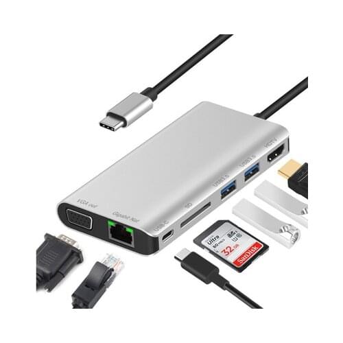Type-C HUB 8in1 Docking station Hub USB Type C Hub For Macbook Phone 5Gbps Transmitter Type-C To HDMI+PD+Rj45 Adapter Support SD