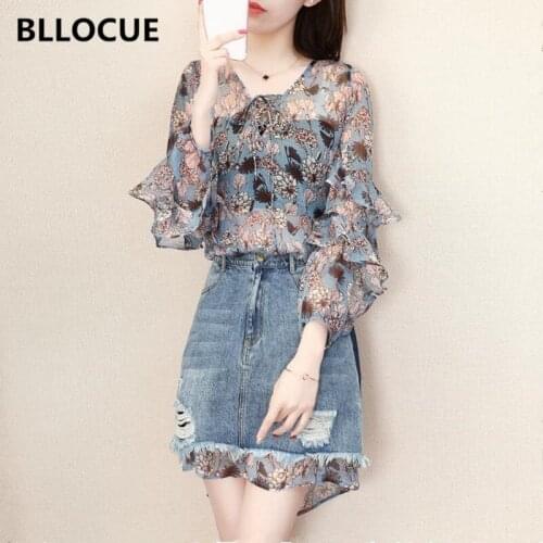 BLLOCUE Elegant Spring 2 Piece Sets Women Fashion Casual Chiffon Print Shirt + High Waist Hole Denim Bag Hip Dress Suit