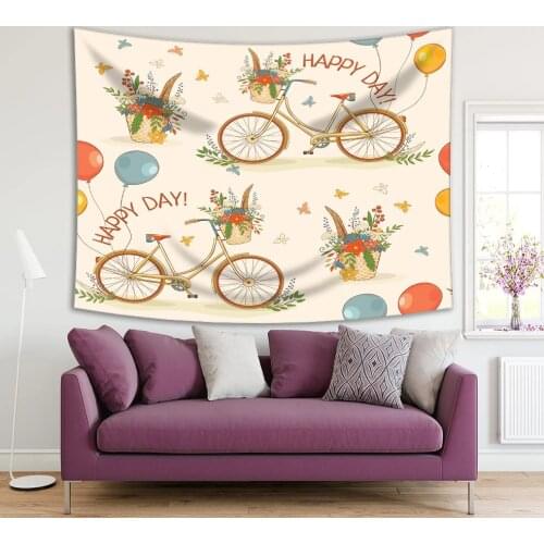 Tapestry Colorful Decorative Bicycles Pattern with Wheels Flowers Balloons Butterflies and Baskets in Blue Green Yellow Printed