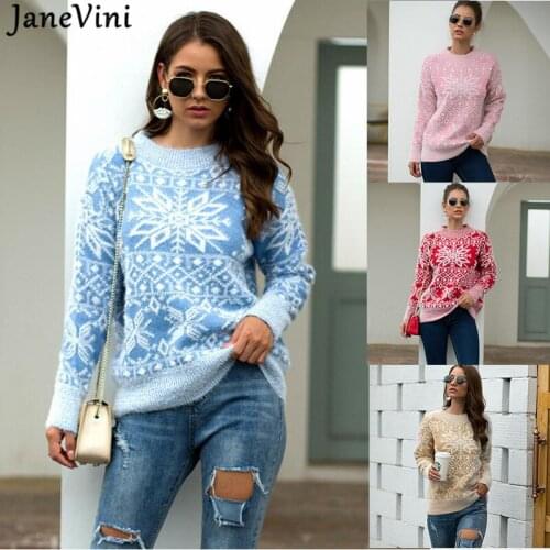 JaneVini Elegant Blue Snowflake O Neck Women Sweaters Knitted Fashion Ladies Long Sleeve Pullovers Casual Spring Streetwear 2021