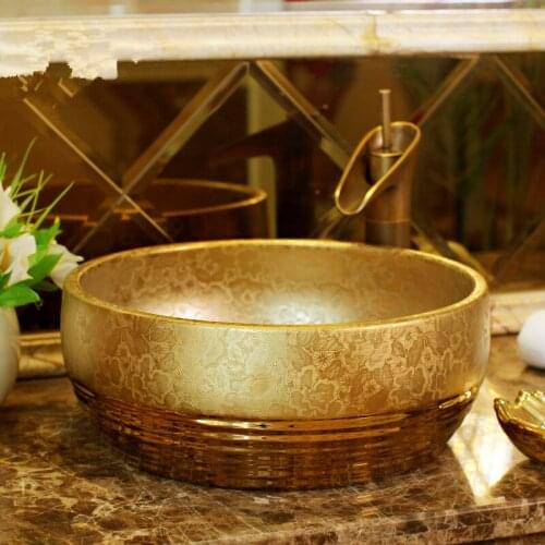 Bathroom ceramic counter top sink round wash basin popular in europe art basin vessel sinks countertops washing basin golden