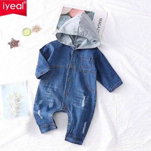 IYEAL Spring Autumn Toddler Baby Boys Girls Hooded Long Sleeve Soft Denim Romper Jumpsuit Outfit Kids Infant Clothes for 1-3T