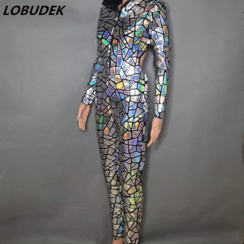 Silver Laser Sequins Hooded Jumpsuit Women Hip Hop Stage Wear Festival Rave Bar Nightclub Performance Rompers Dancer DS Costume