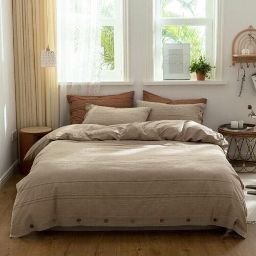 Japanese-style Bedding Set Washed Cotton Jacquard 4-piece Pure Cotton Simple Button down Duvet Cover Solid Color Sheets Plain