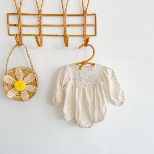 Koodykids Autumn Baby Girls Beige Embroidery Vintage Bodysuits Toddlers Girls Cotton Rompers Quality Girl Outfits Rompers Spring