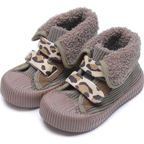CAPSELLA Kids Boys Girls Winter Warm Corduroy Cotton Shoes Children Leopard Hook & Loop Fashion Sneakers High Shoes Size 21-32
