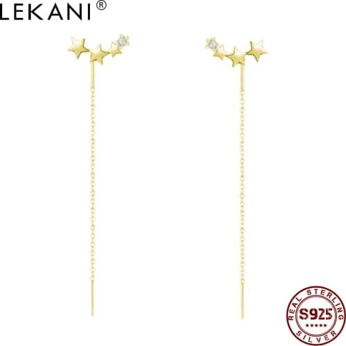 LEKANI 925 Sterling Silver Long Tassel Gold Color Drop Earrings For Women Shiny Small Zircon Star Earring Silver Jewelry Gift