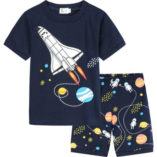 Toddler Kids 2-piece Summer casual Outfit Set Short Sleeve Space Cartoon Rocket Print Tops Fifth Pants Set Stylish Loungewear