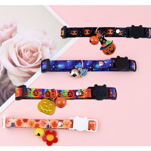 Sweet Adjustable Cat Dog Collars Christmas Halloween Printed Collars Creativity Pet Bell Collars Polyester Durable Pet Supplies