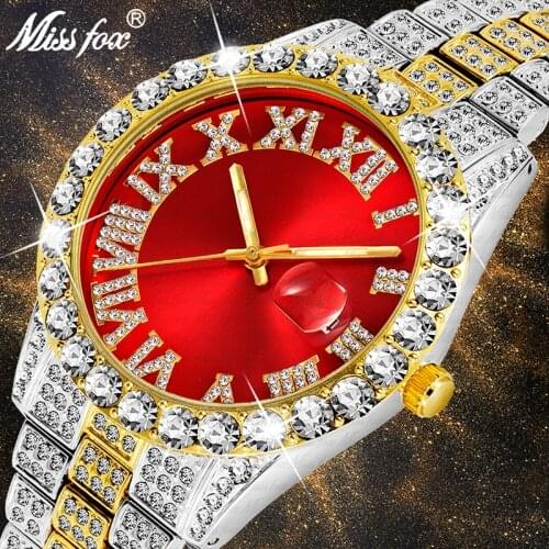 MISSFOX Luxury Men Watch Full Bling Gold 18K Paved Big Diamond Iced Out Mens Watches Waterproof Calendar Steel Male Clock Hours