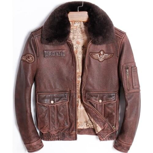 Mens Genuine Cowhide Jacket Flight Suit Short Leather Jacket Retro Red Motorcycle Fashion Slim Leather Jacket Coat Plus Size