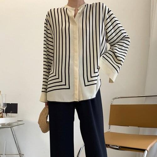 Irregular Stripes Silk Shirt Womens Top Long Sleeve Covered Buttons O-neck Loose Ladies Blouse