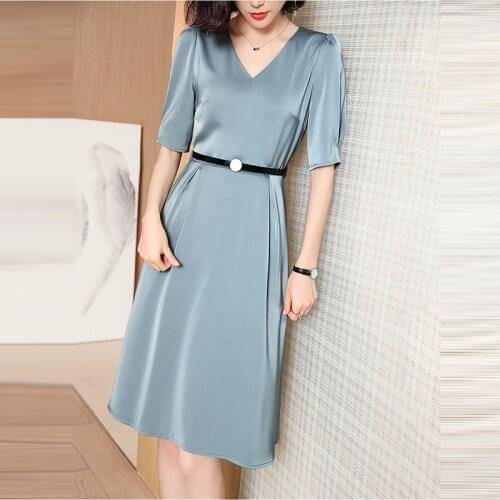 Vintage Solid Satin Dress Women Big Size Elegant Loose V-Neck Short Sleeve Midi Party Dress Office Lady A-Line Dress With Sashes