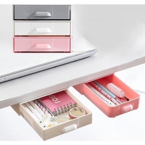 Under Table Hidden Drawer Office Self-adhesive Memo Stationery Storage Box Saving Space Plastic Stackable Drawer Organizer