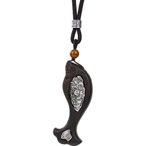 Ventage Natural Wood Fish Pendant Necklace Handmake Wooden Lotus Leaf China Lucky Recruit Wealth Sweater Chain Buddhism Jewelry